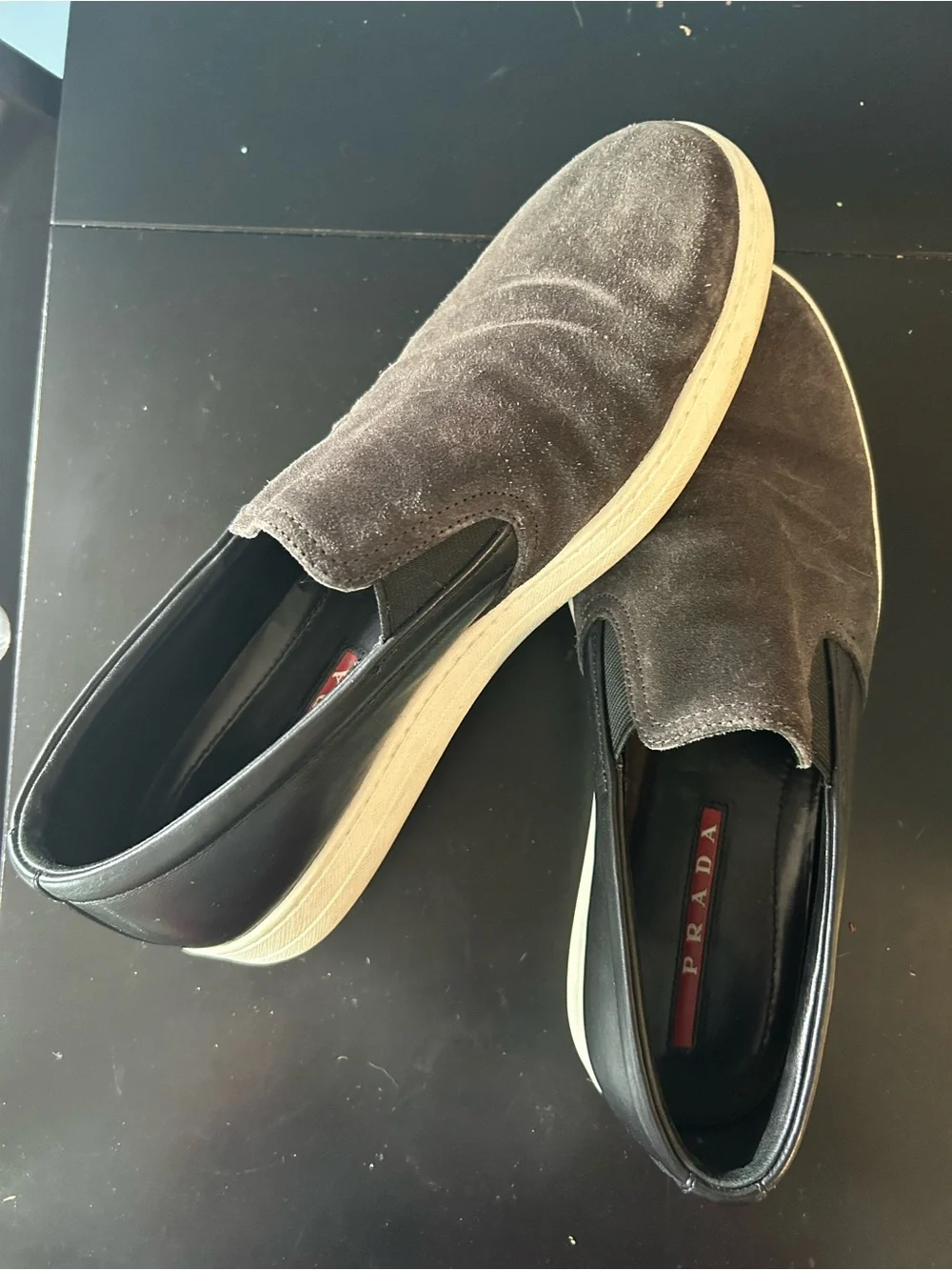 Prada grey suede slip-on sneakers